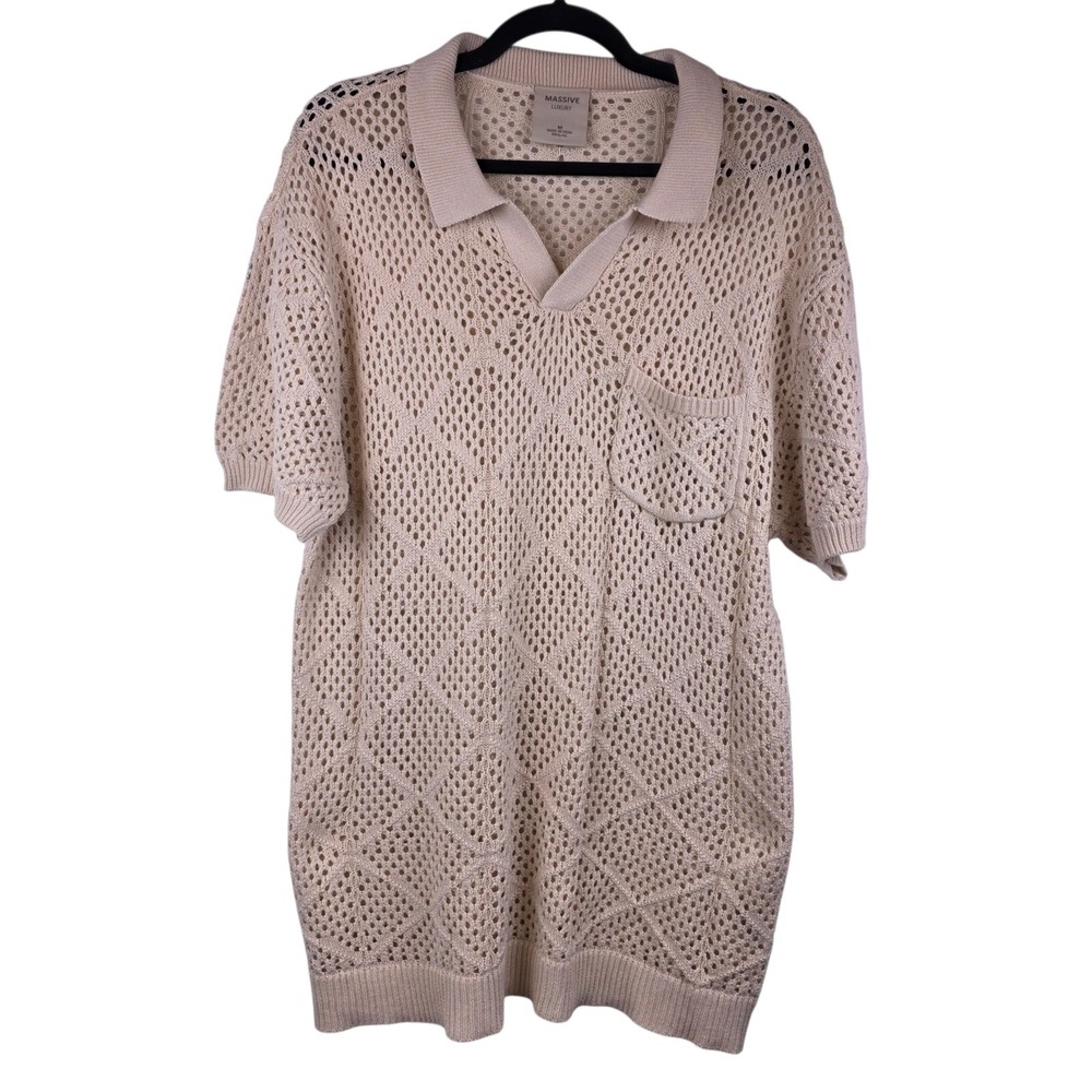 NWT Massive Luxury Edition Men's M Crochet Knit Polo Shirt Open Weave Neutral